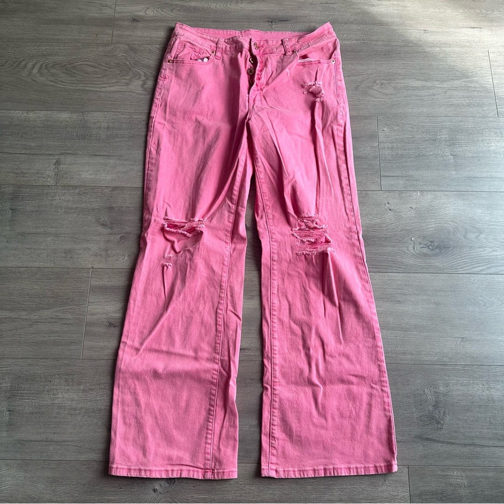 EUC Pink Distressed Flare-Leg Jeans - size XL
